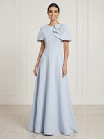 Satin Round Neck A Line Cap Sleeves Long Formal Dresses with Flower