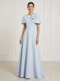Satin Round Neck A Line Cap Sleeves Long Formal Dresses with Flower