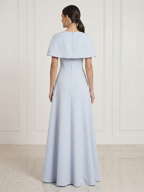 Satin Round Neck A Line Cap Sleeves Long Formal Dresses with Flower