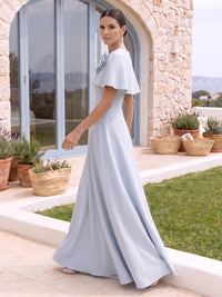 Satin Round Neck A Line Cap Sleeves Long Formal Dresses with Flower