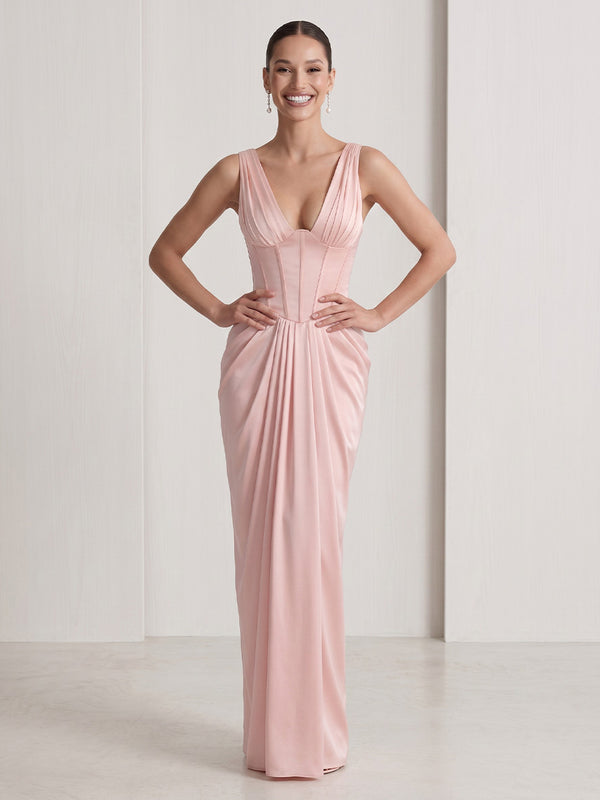 Satin V Neck Mermaid Corset Spaghetti Straps Long Formal Dresses