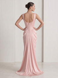 Satin V Neck Mermaid Corset Spaghetti Straps Long Formal Dresses