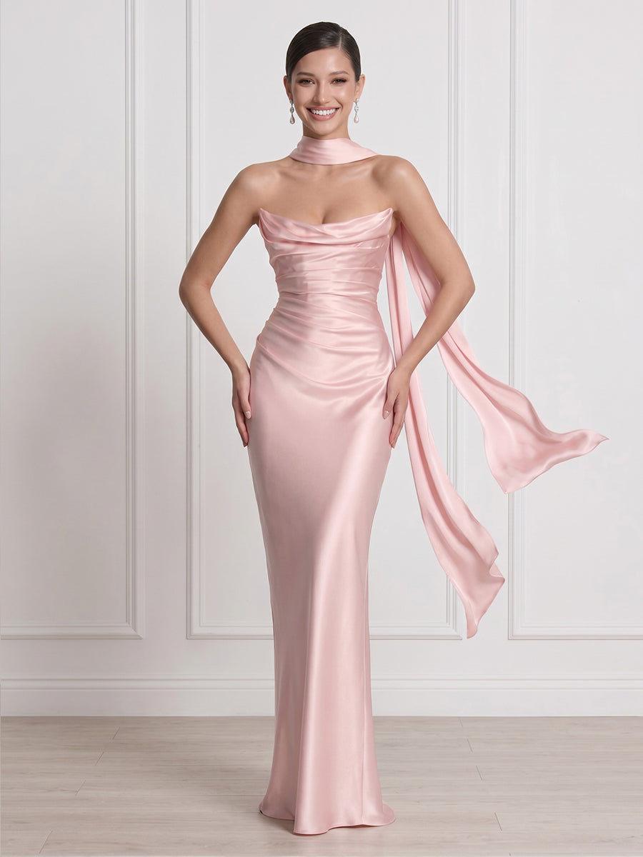 Satin Strapless Mermaid Sheath Long Formal Dresses with Scraf