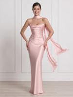 Satin Strapless Mermaid Sheath Long Formal Dresses with Scraf