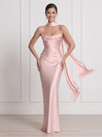 Satin Strapless Mermaid Sheath Long Formal Dresses with Scraf