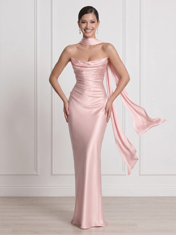 Satin Strapless Mermaid Sheath Long Formal Dresses with Scraf