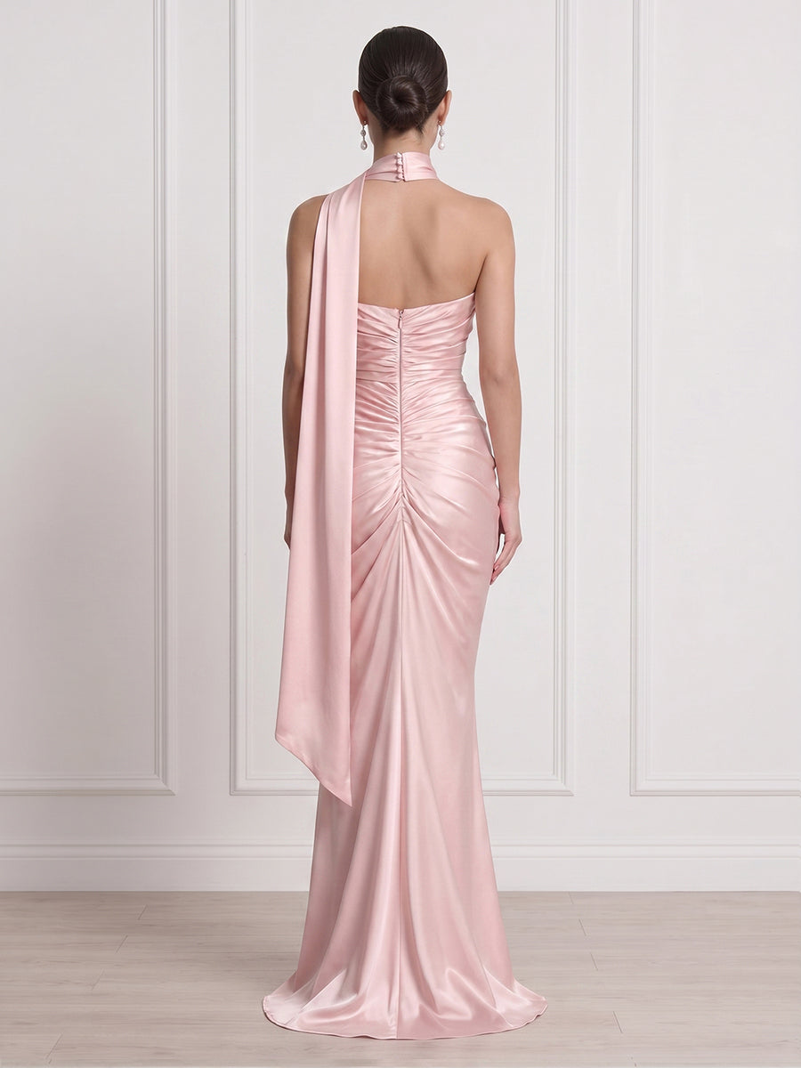 Satin Strapless Mermaid Sheath Long Formal Dresses with Scraf
