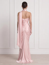 Satin Strapless Mermaid Sheath Long Formal Dresses with Scraf