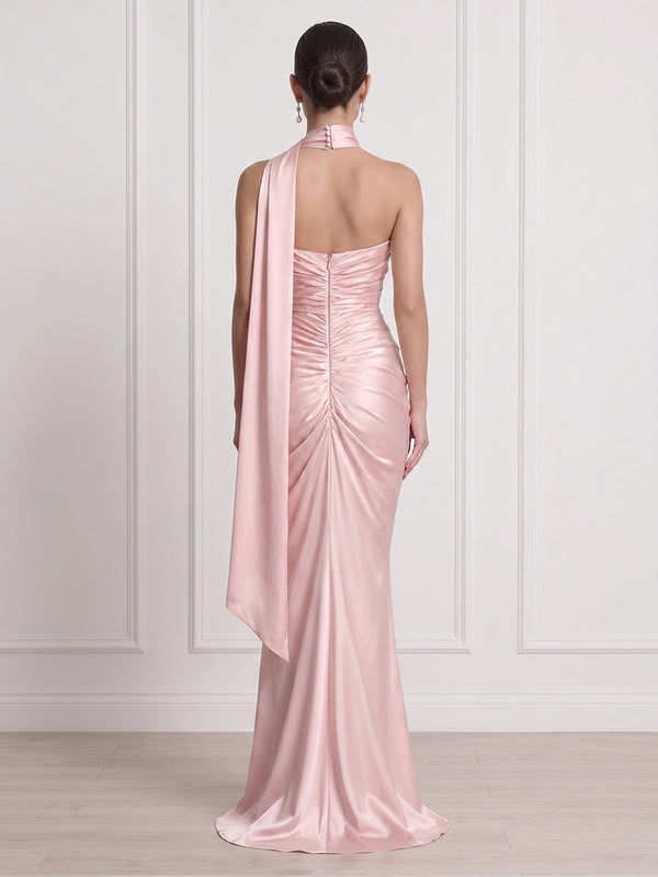 Satin Strapless Mermaid Sheath Long Formal Dresses with Scraf
