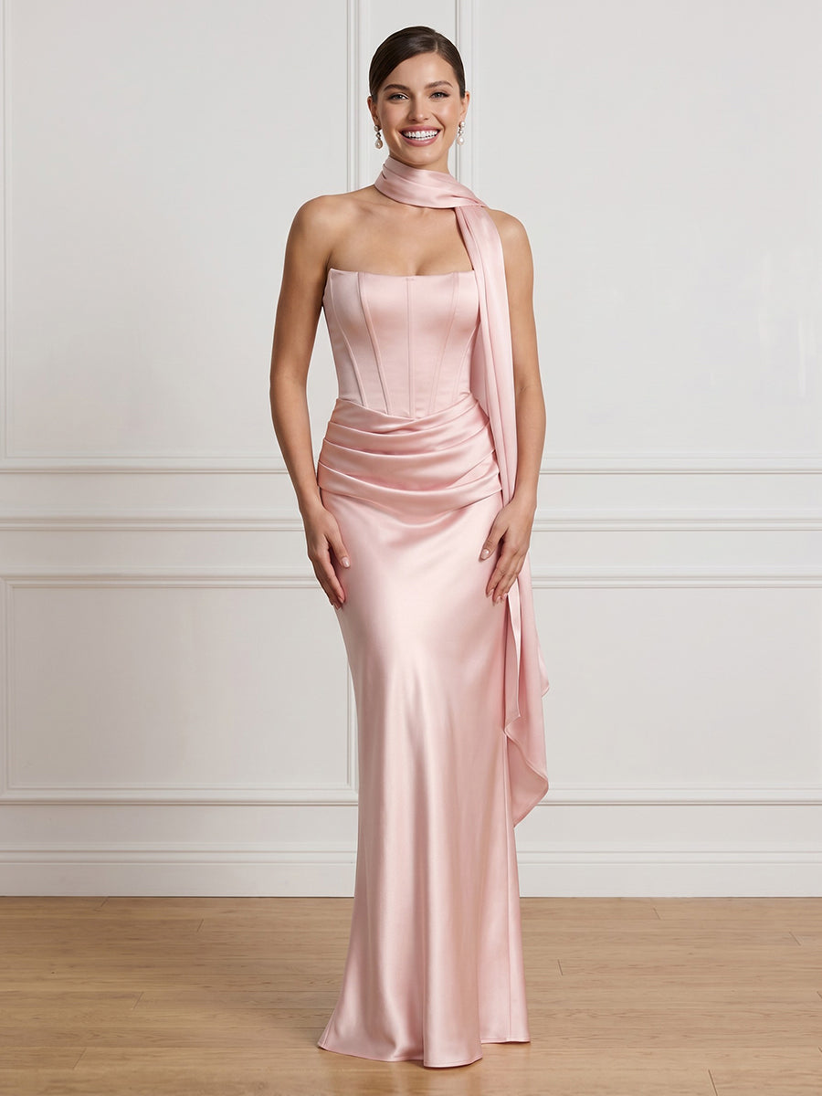Satin Strapless Corset Mermaid Long Formal Dresses with Scraf
