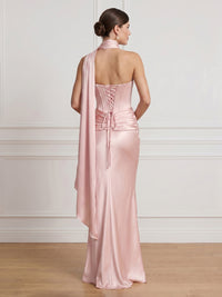 Satin Strapless Corset Mermaid Long Formal Dresses with Scraf