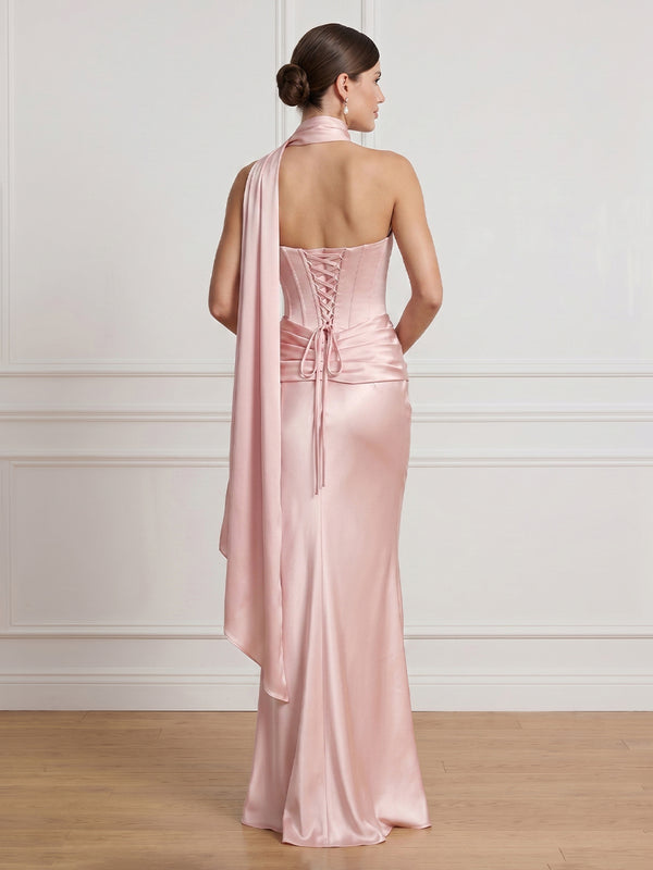 Satin Strapless Corset Mermaid Long Formal Dresses with Scraf
