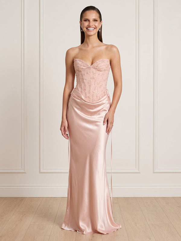 Lace Appliques Mermaid Sheath Strapless Long Formal Dresses