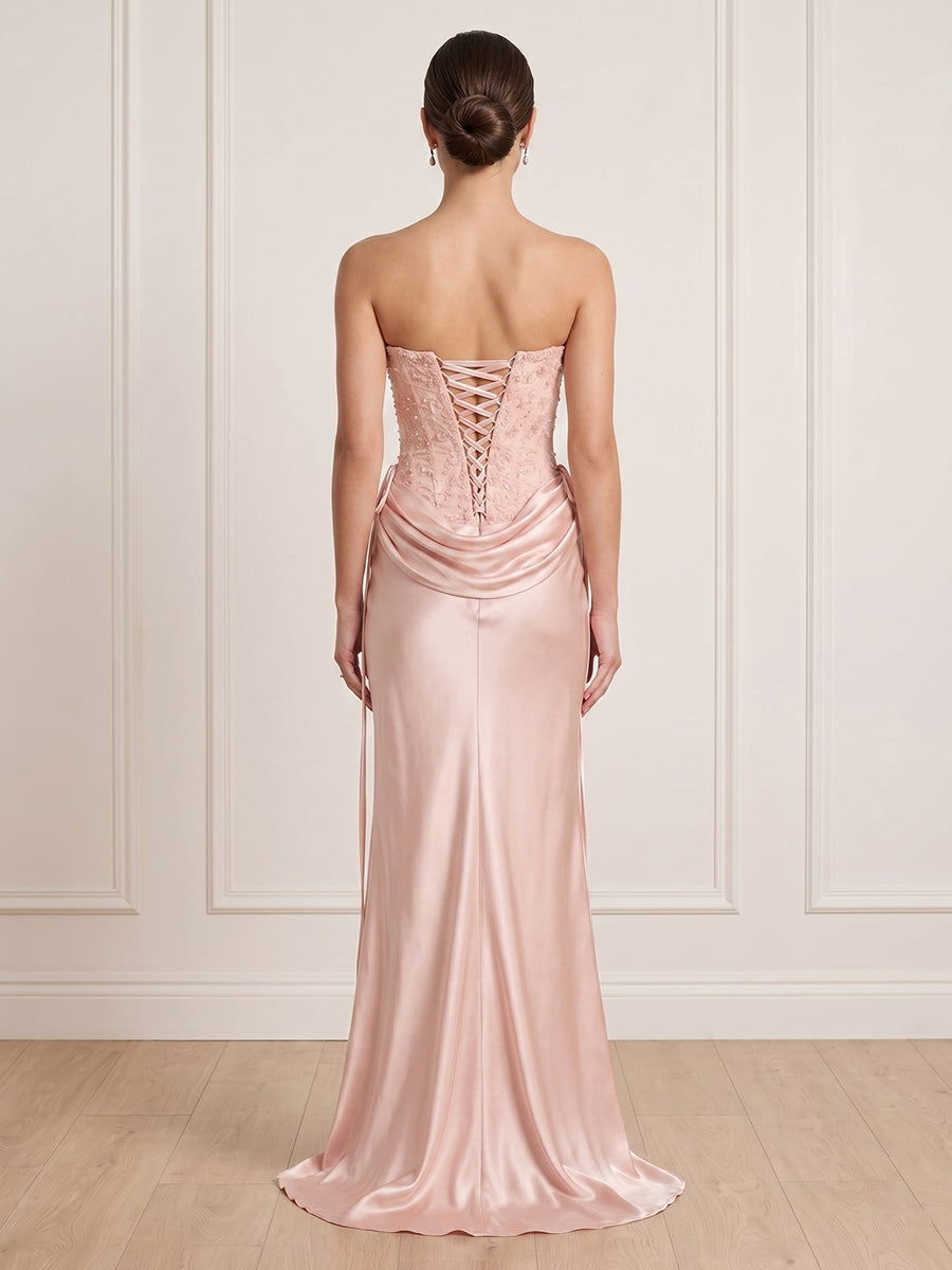 Lace Appliques Mermaid Sheath Strapless Long Formal Dresses