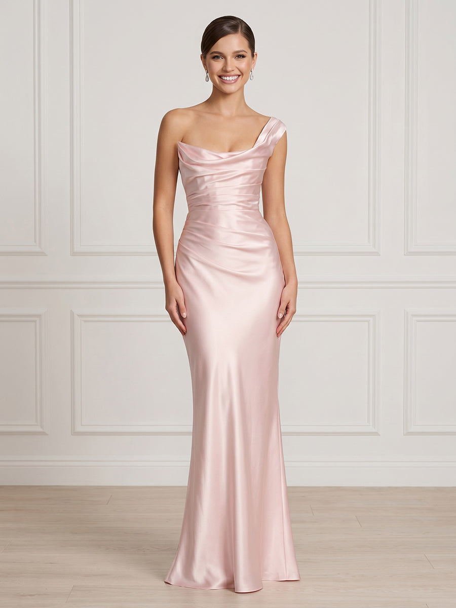 Satin One Shoulder Mermaid Long Formal Dresses with Ruched