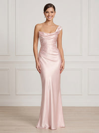 Satin One Shoulder Mermaid Long Formal Dresses with Ruched