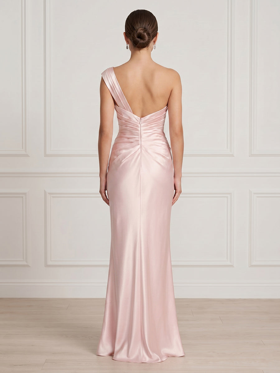 Satin One Shoulder Mermaid Long Formal Dresses with Ruched