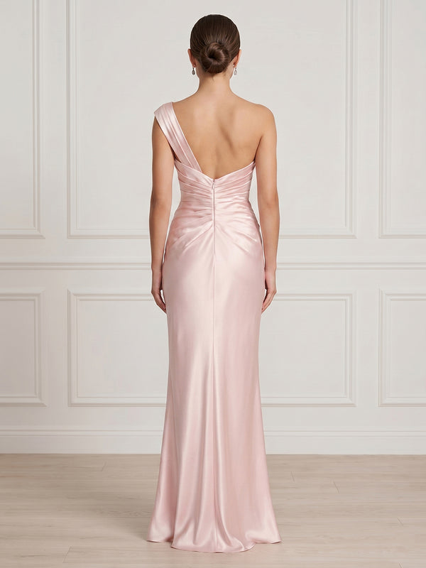 Satin One Shoulder Mermaid Long Formal Dresses with Ruched