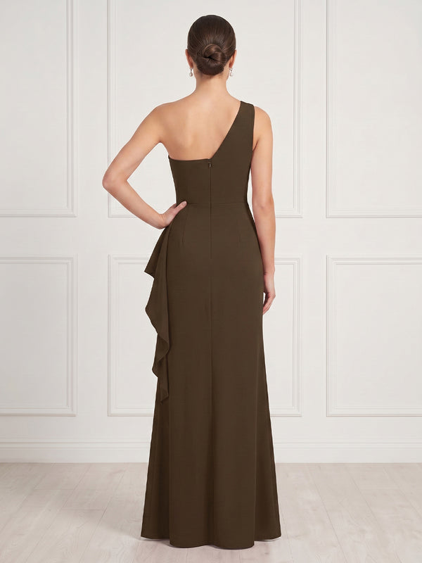 Satin One Shoulder Column Sleeveless Long Formal Dresses