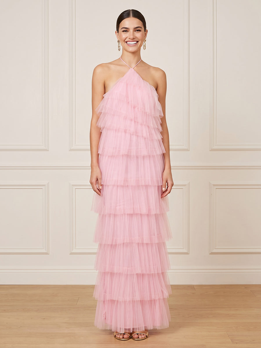 Tulle Column Halter Sleeveless Long Formal Dresses