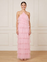 Tulle Column Halter Sleeveless Long Formal Dresses