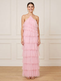 Tulle Column Halter Sleeveless Long Formal Dresses