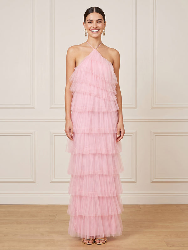 Tulle Column Halter Sleeveless Long Formal Dresses