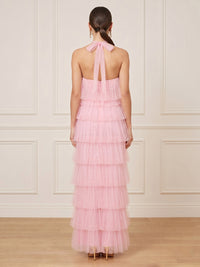 Tulle Column Halter Sleeveless Long Formal Dresses