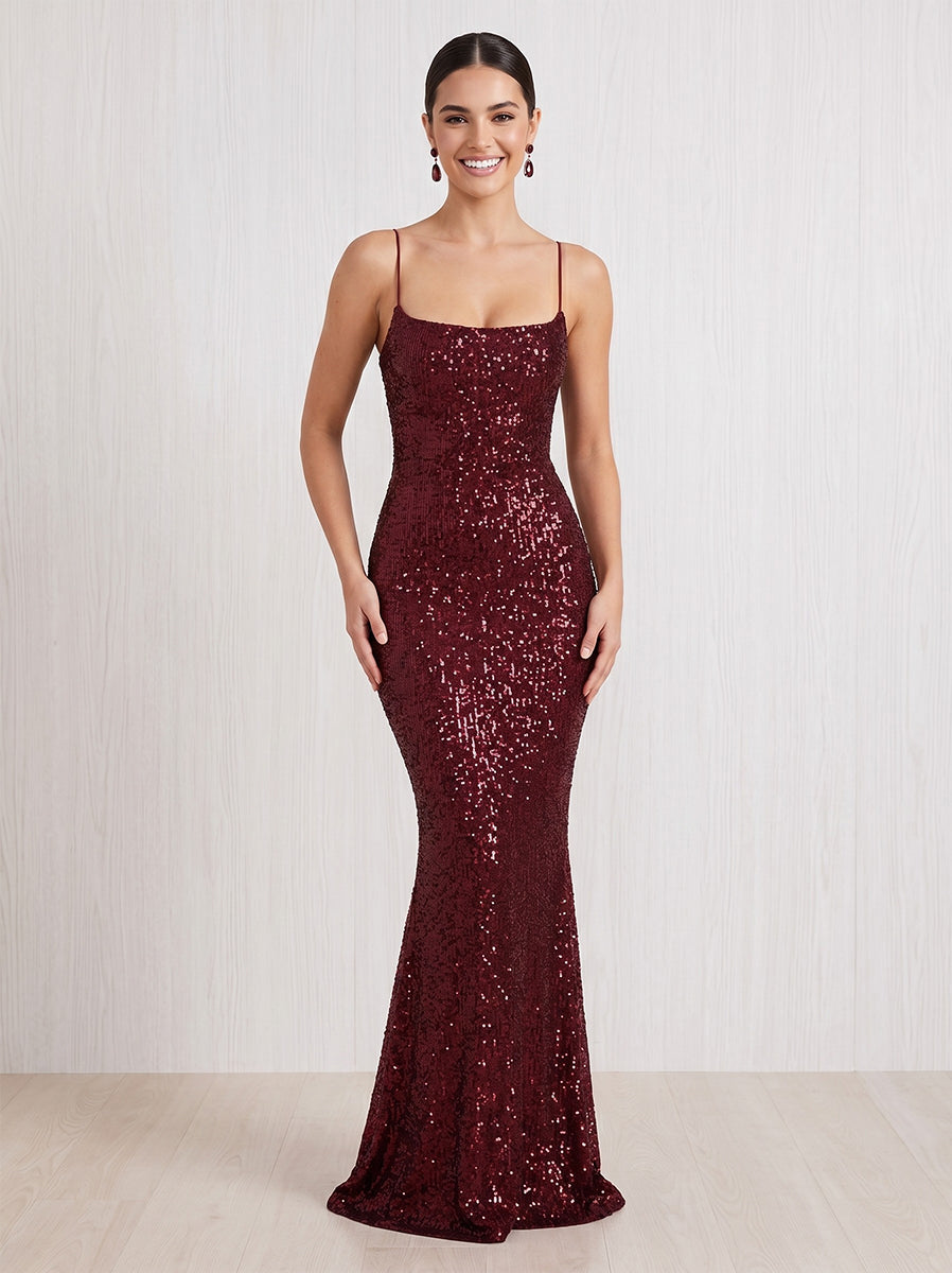 Sequin Mermaid Square Neck Sleeveless Long Formal Dresses