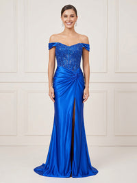 Mermaid Off Shoulder Sleeveless Long Formal Dresses with Slit