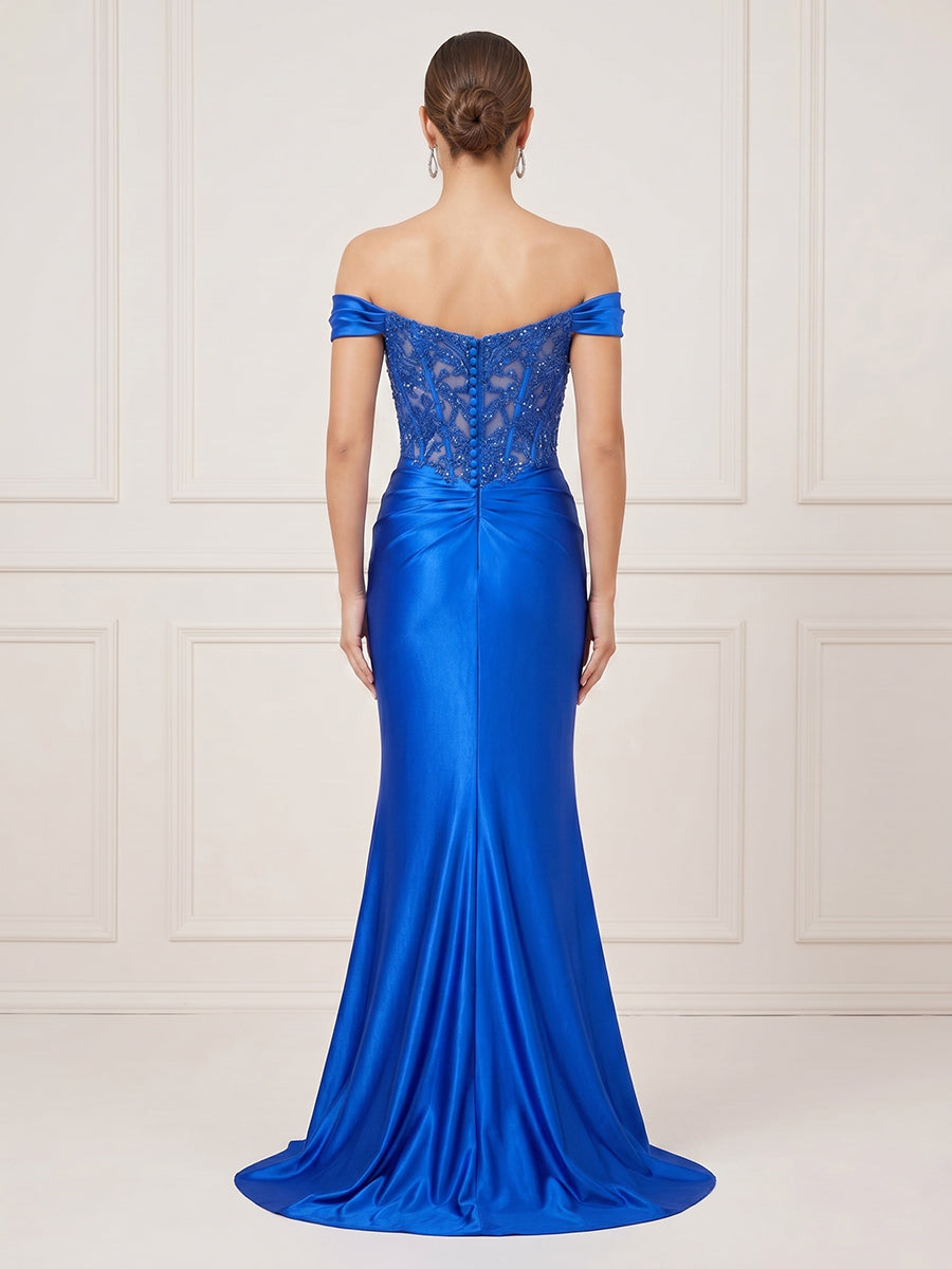 Mermaid Off Shoulder Sleeveless Long Formal Dresses with Slit