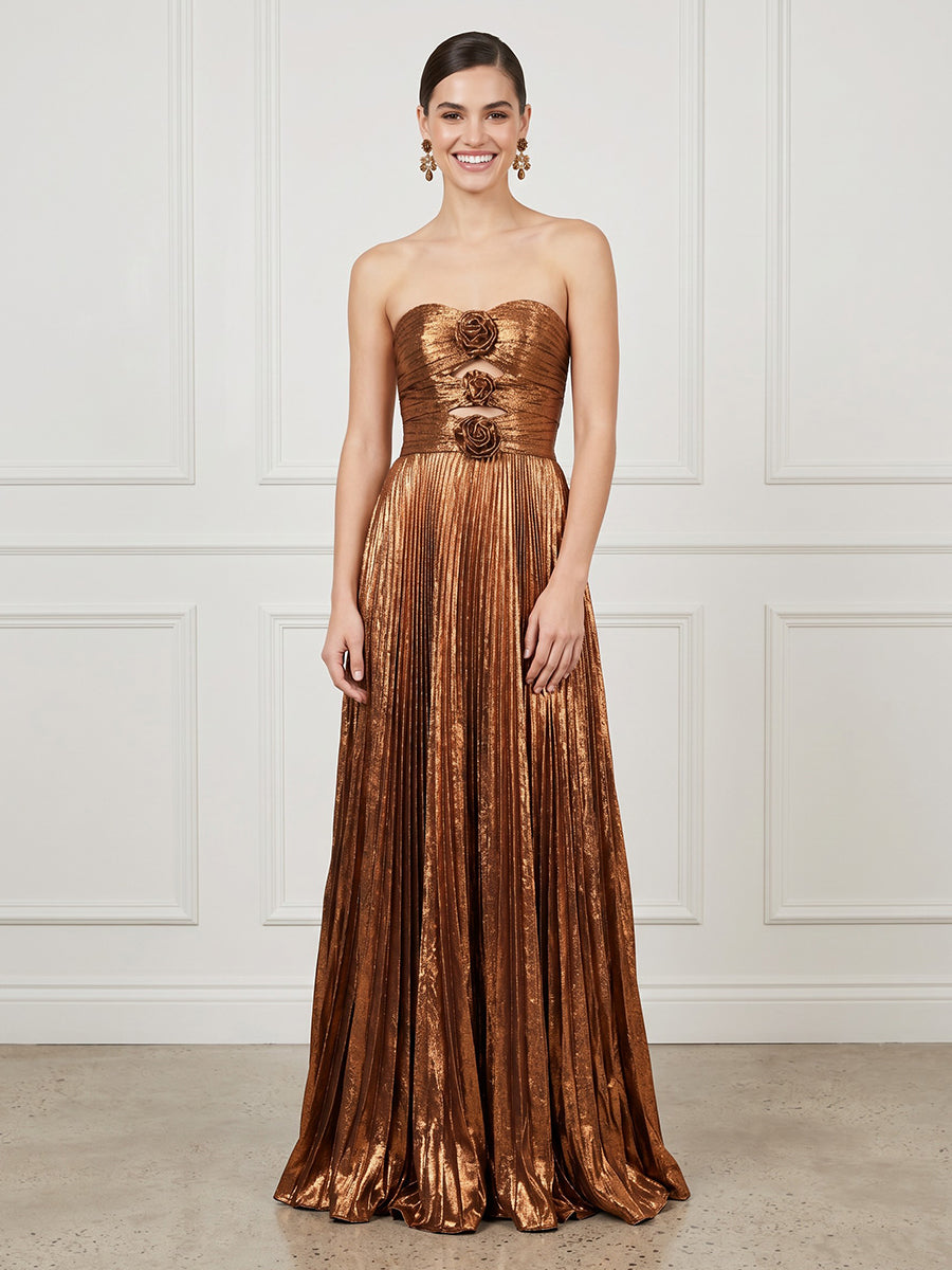 A Line Strapless Sleeveless Long Formal Dresses with Flower