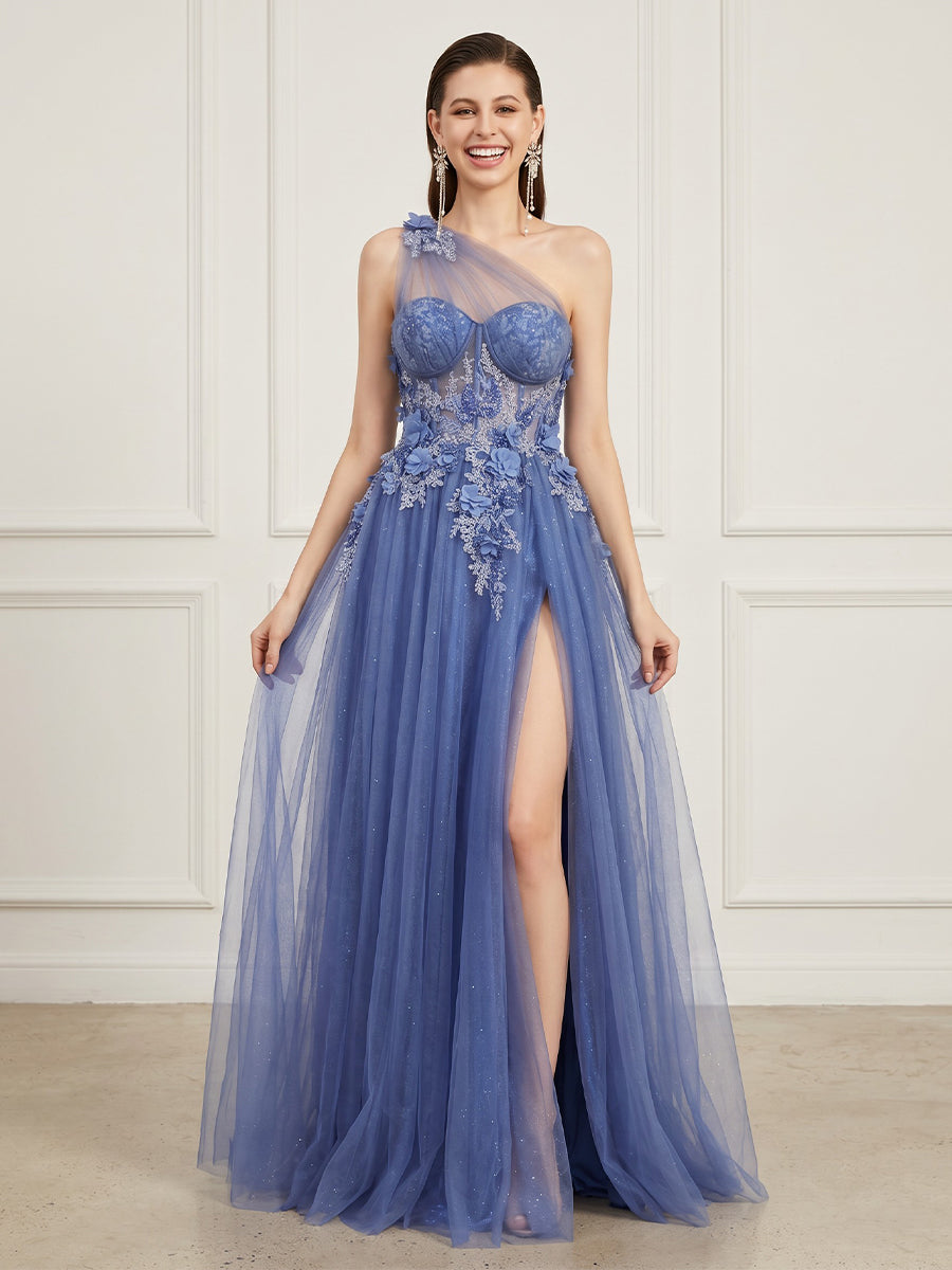 A Line One Shoulder Sleeveless Long Formal Dresses with Slit