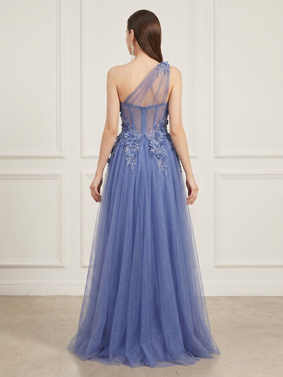 A Line One Shoulder Sleeveless Long Formal Dresses with Slit