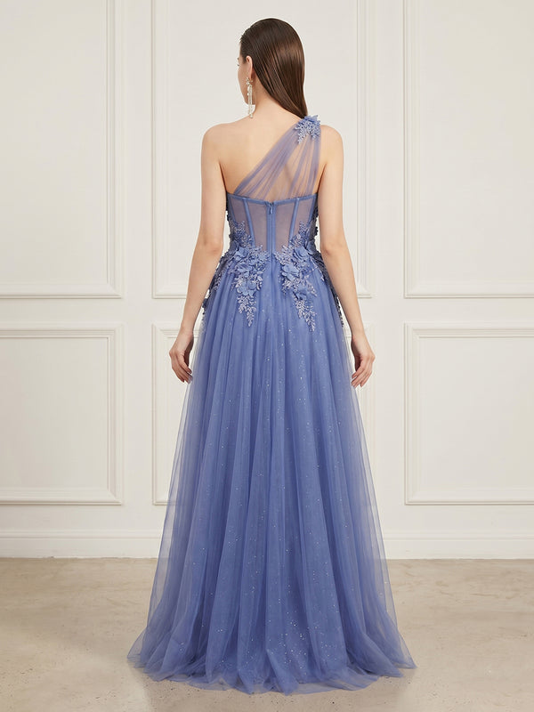 A Line One Shoulder Sleeveless Long Evening Dresses with Slit