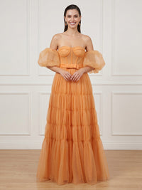 A Line Strapless Puff Sleeves Long Formal Dresses