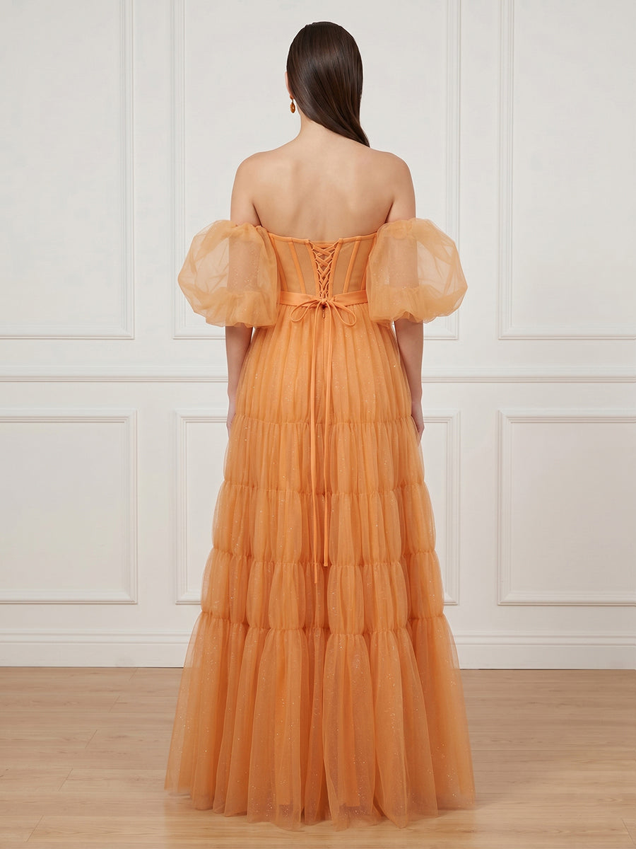 A Line Strapless Puff Sleeves Long Formal Dresses