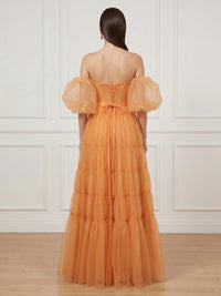 A Line Strapless Puff Sleeves Long Formal Dresses