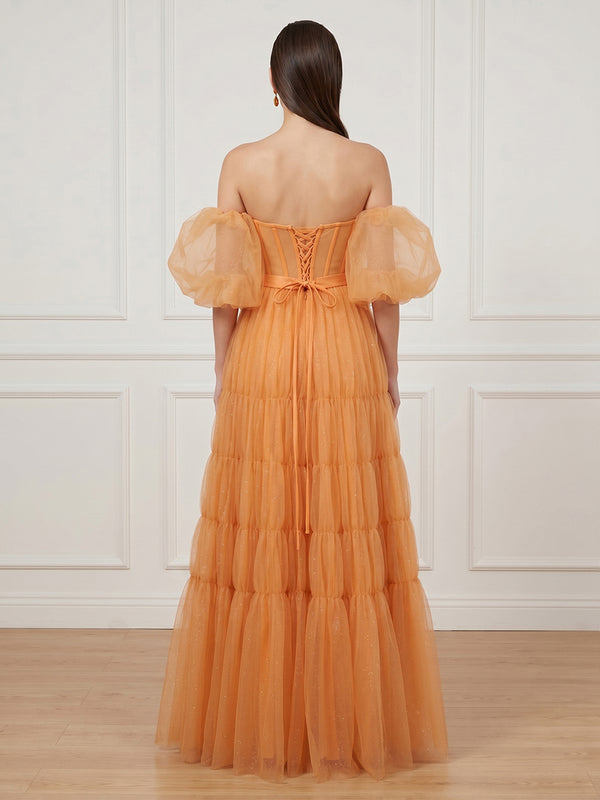 A Line Strapless Puff Sleeves Long Formal Dresses