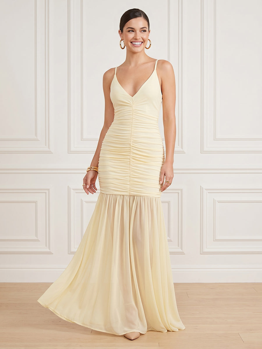 Chiffon Mermaid V Neck Sleeveless Long Formal Dresses