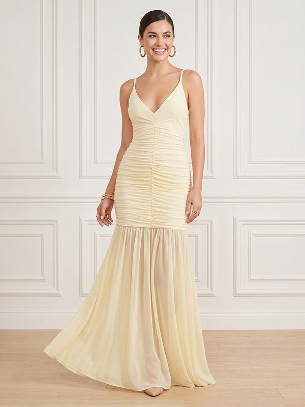 Chiffon Mermaid V Neck Sleeveless Long Formal Dresses