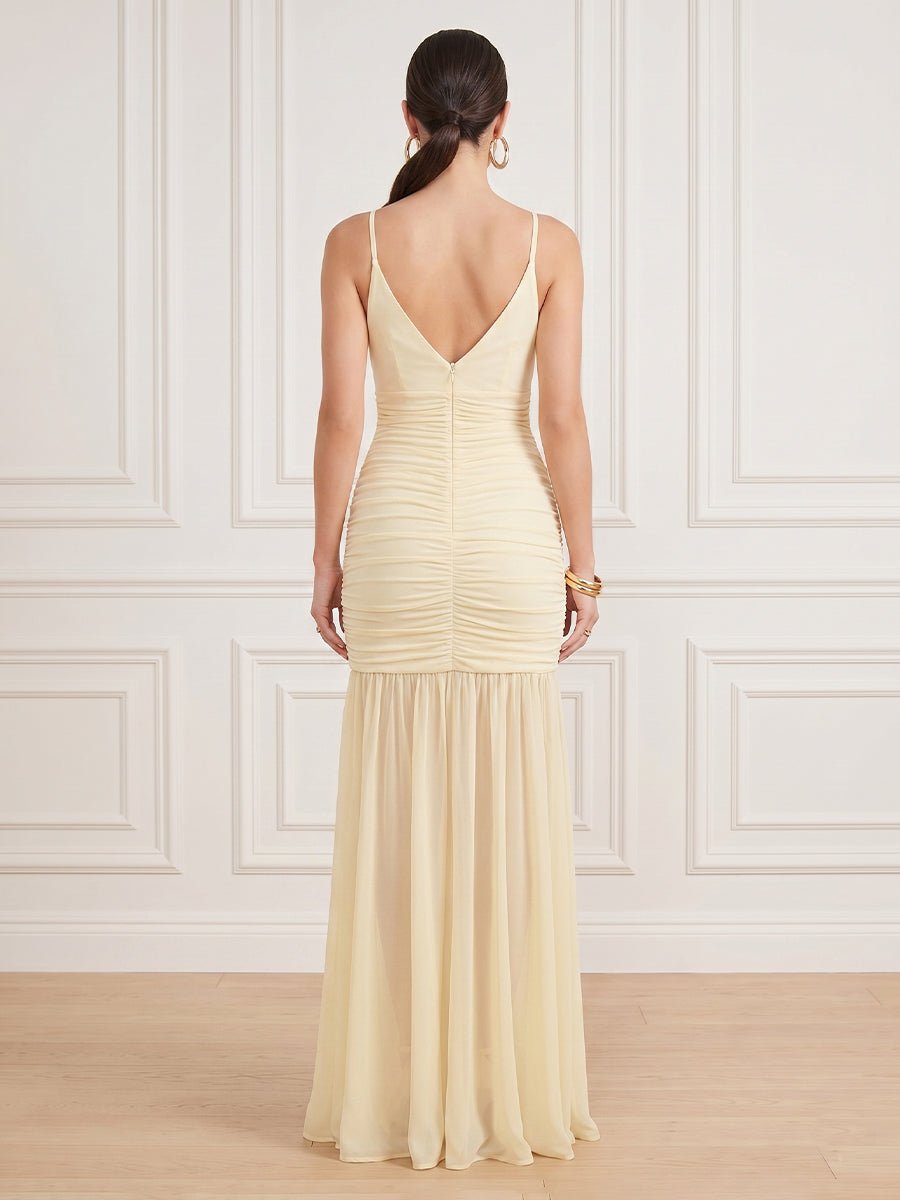Chiffon Mermaid V Neck Sleeveless Long Formal Dresses