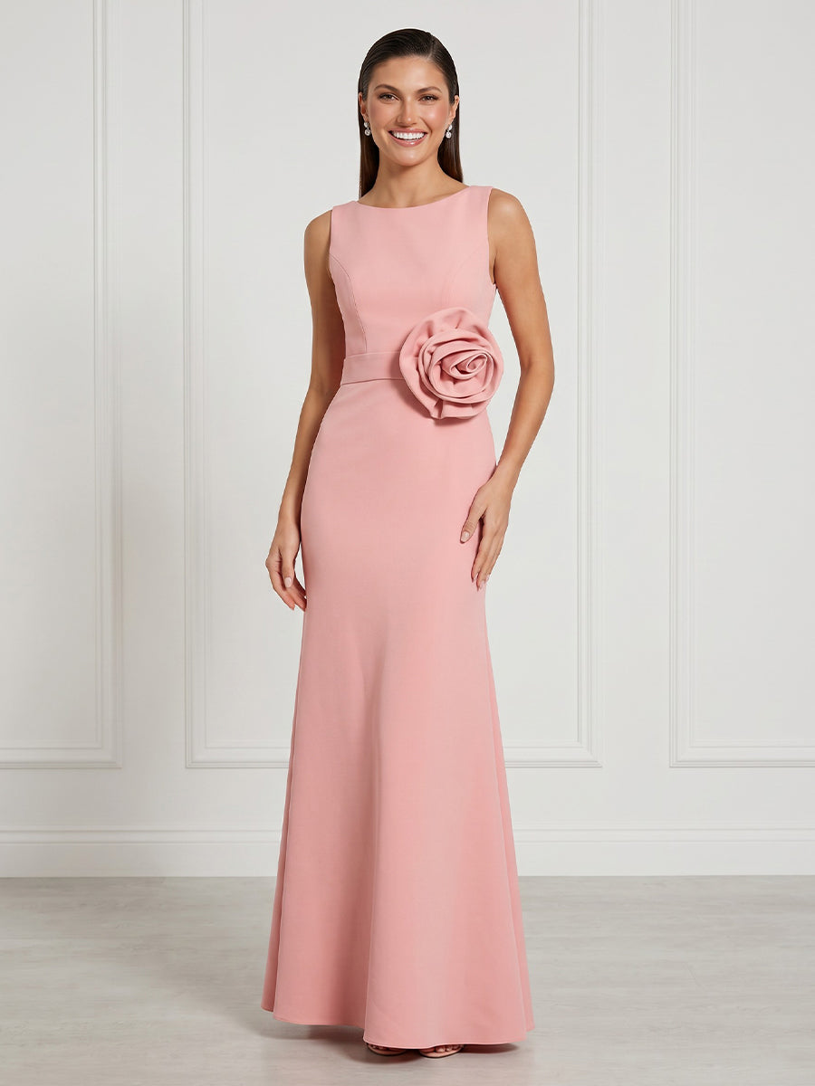 Mermaid Round Neck Sleeveless Long Formal Dresses with Flower
