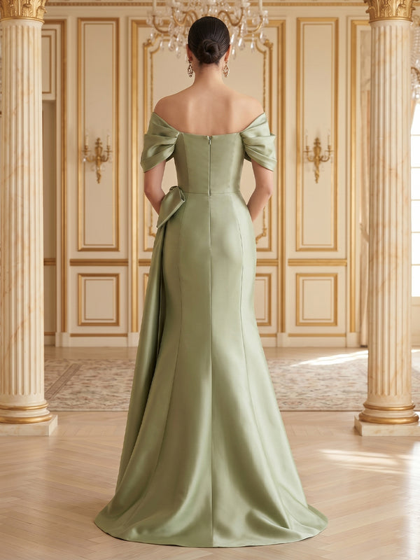 A Line Off Shoulder Sleeveless Long Formal Dresses with Bow