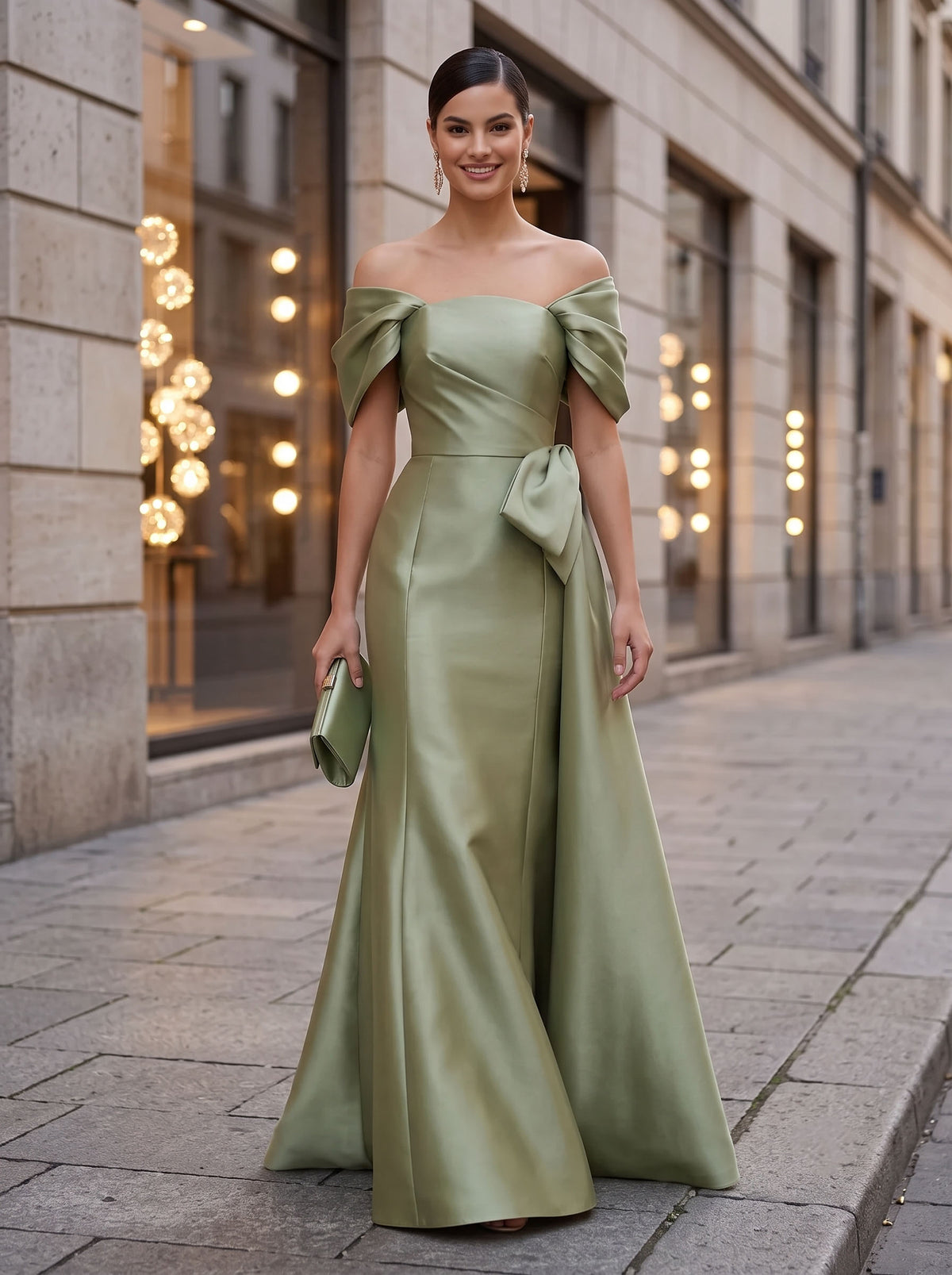 A Line Off Shoulder Sleeveless Long Formal Dresses with Bow