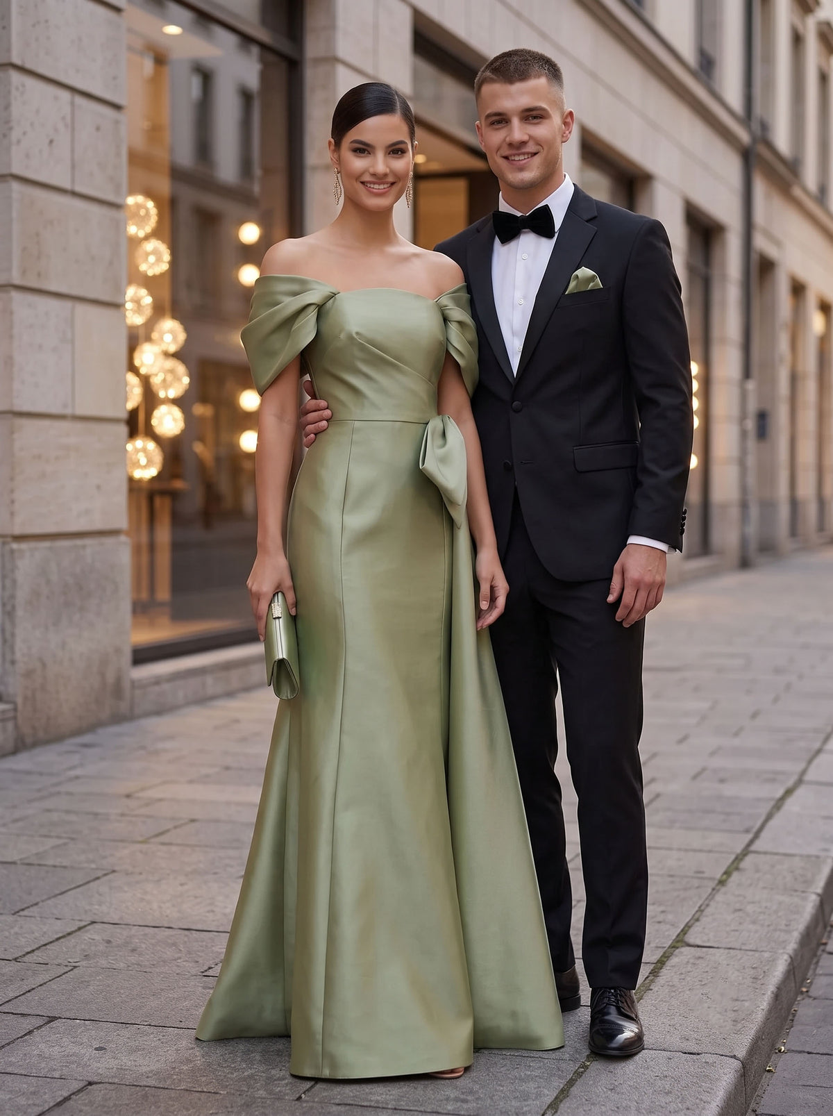 A Line Off Shoulder Sleeveless Long Formal Dresses with Bow
