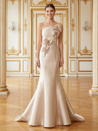 Satin Mermaid One Shoulder Sleeveless Long Formal Dresses with Flower