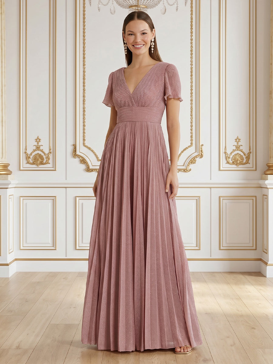 A Line V Neck Short Sleeves Long Formal Dresses