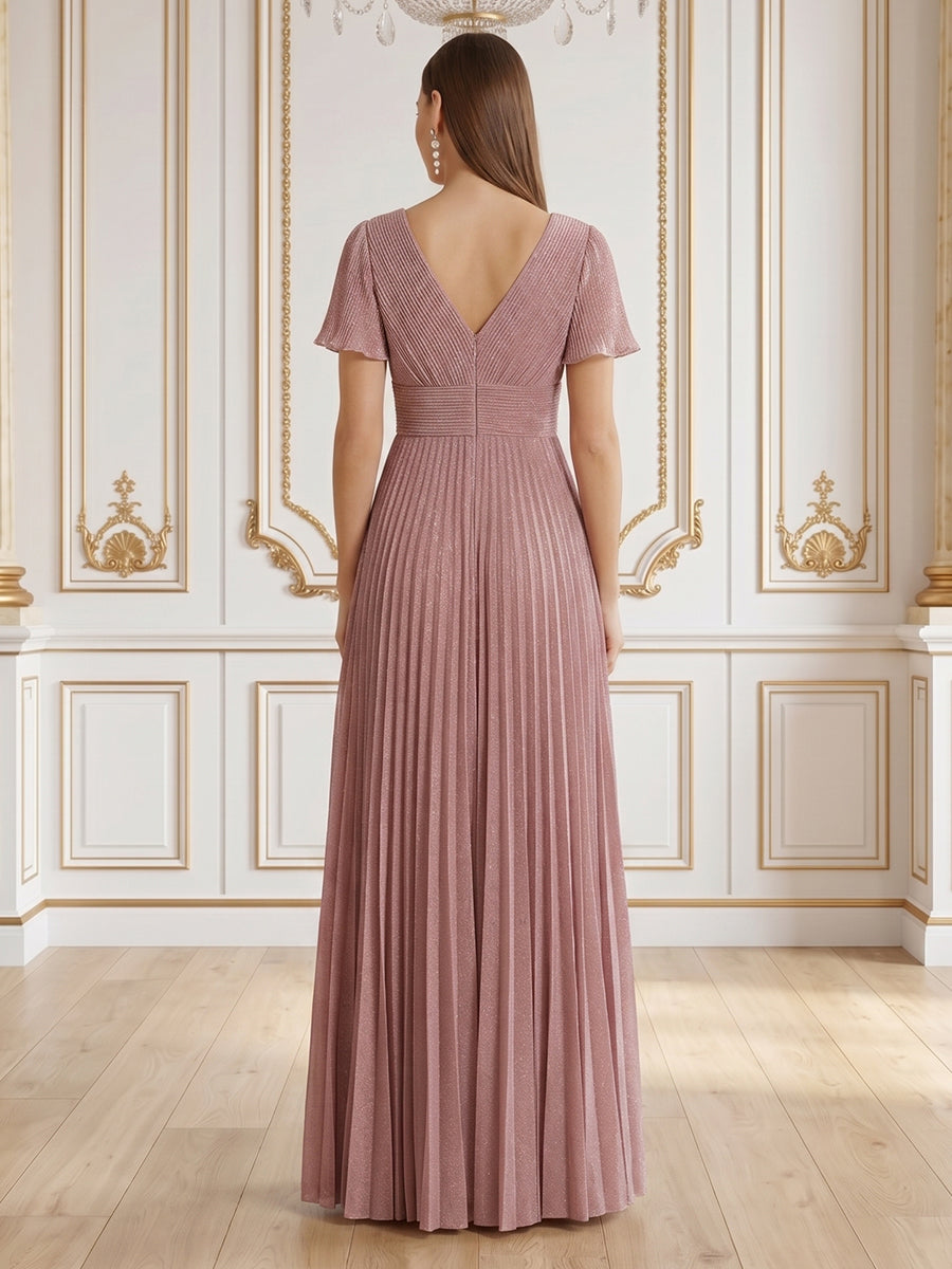 A Line V Neck Short Sleeves Long Formal Dresses