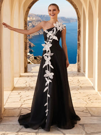 A Line One Shoulder Sleeveless Long Formal Dresses with Flower